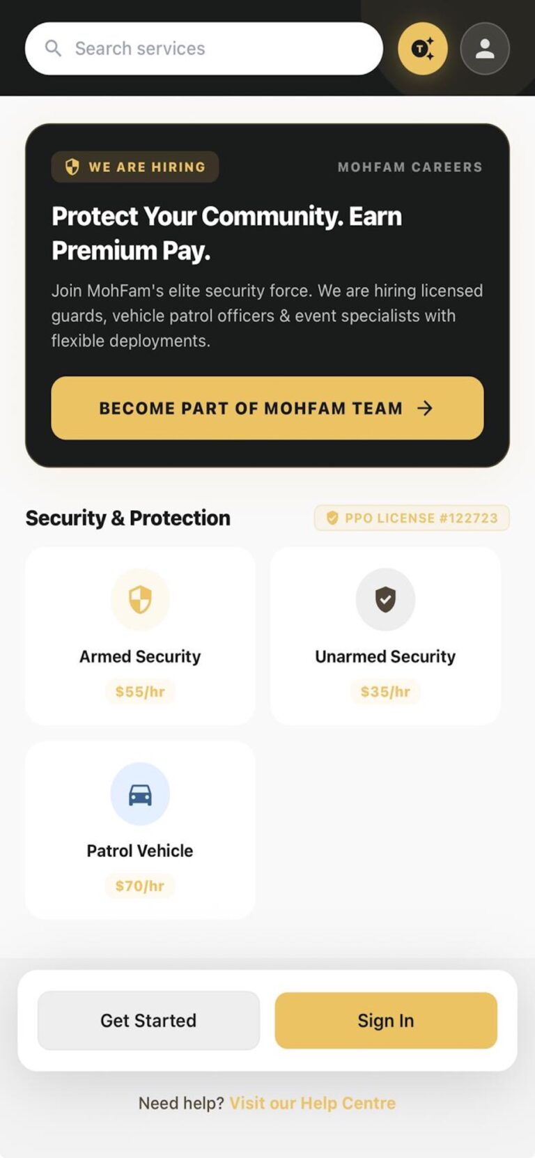 MohFam app home screen showing armed security, unarmed security and patrol vehicle services